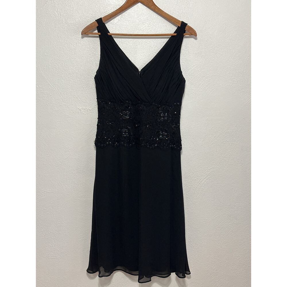 TADASHI 100% Silk Dress 10 Black Ruched Bust Sequin Waist Flowy Fit and Flare